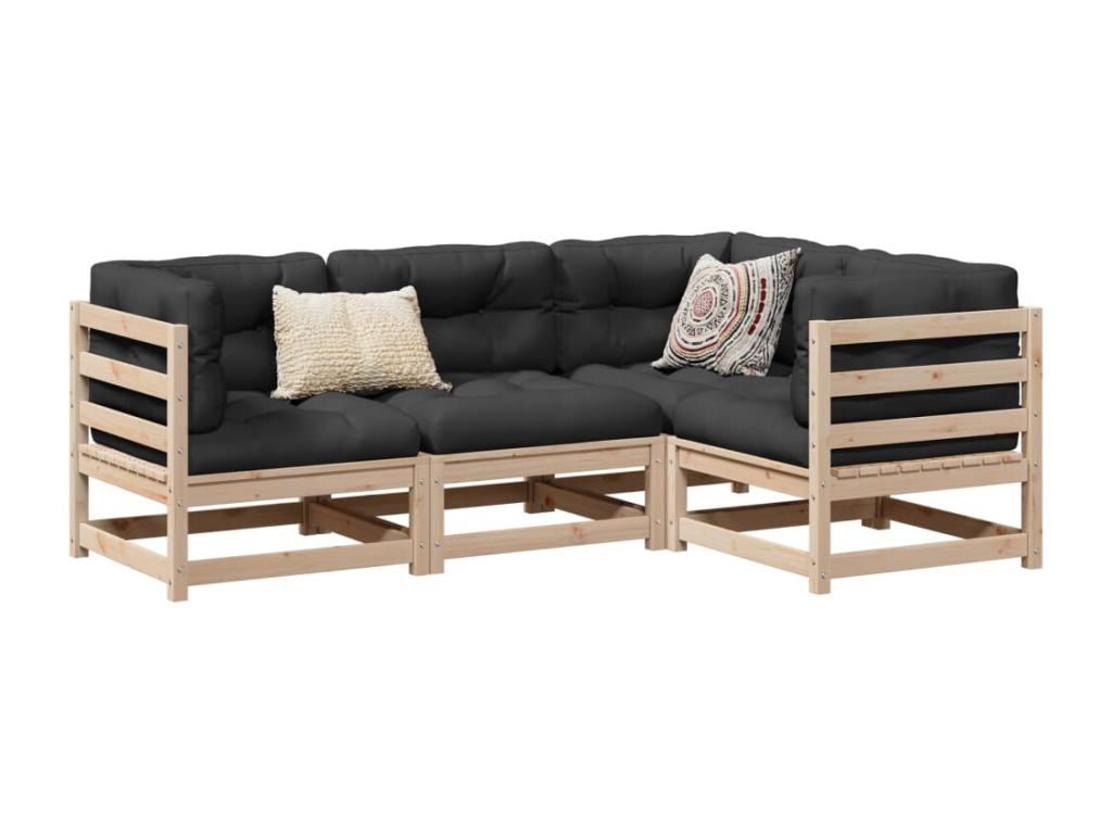4-piece garden furniture set with cushions, solid pine wood