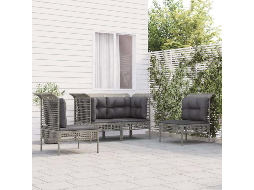 4-piece garden furniture set with cushions, grey woven resin