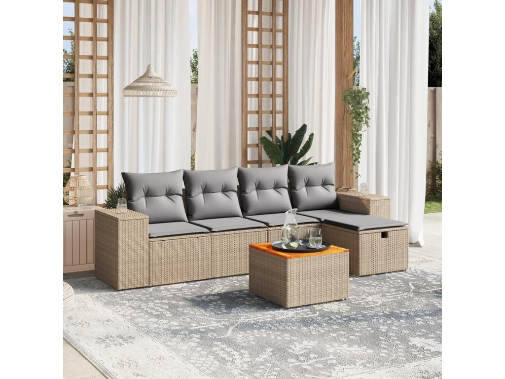 6-piece garden furniture set with cushions, beige woven resin, by MéVertchez