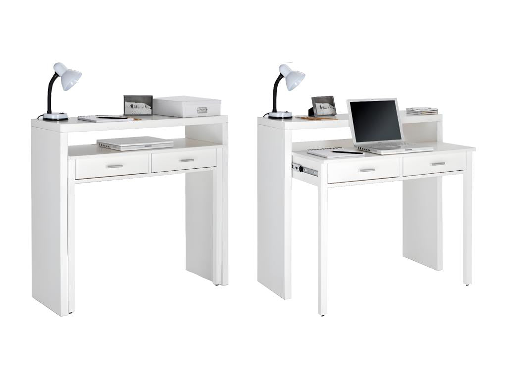 Extendable computer desk with 2 drawers, white