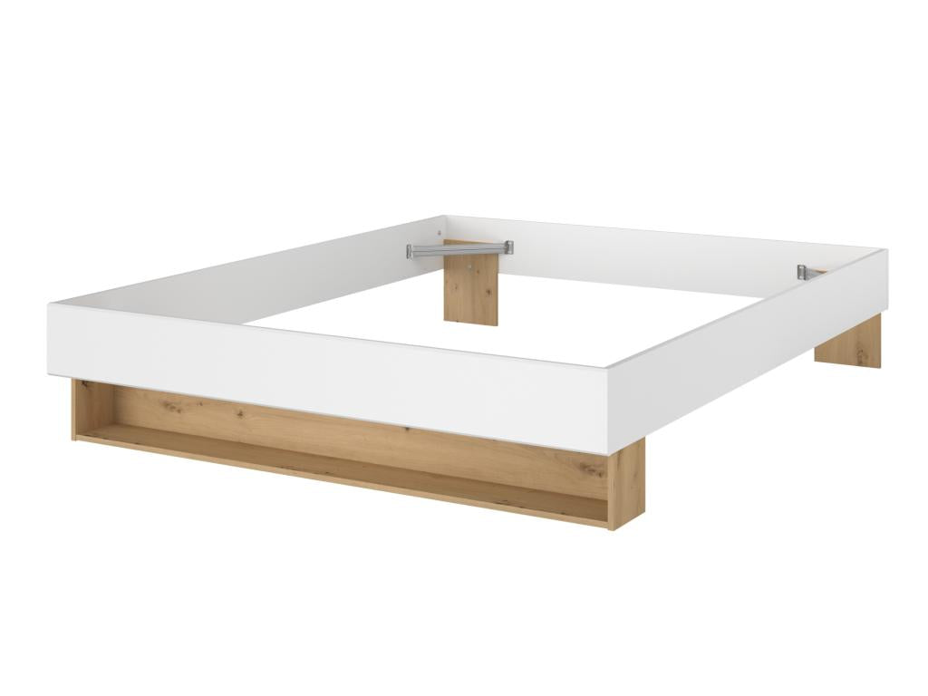 Bed with drawer and niche 160x200 cm - White and natural color - Slatted base and mattress - Meublita
