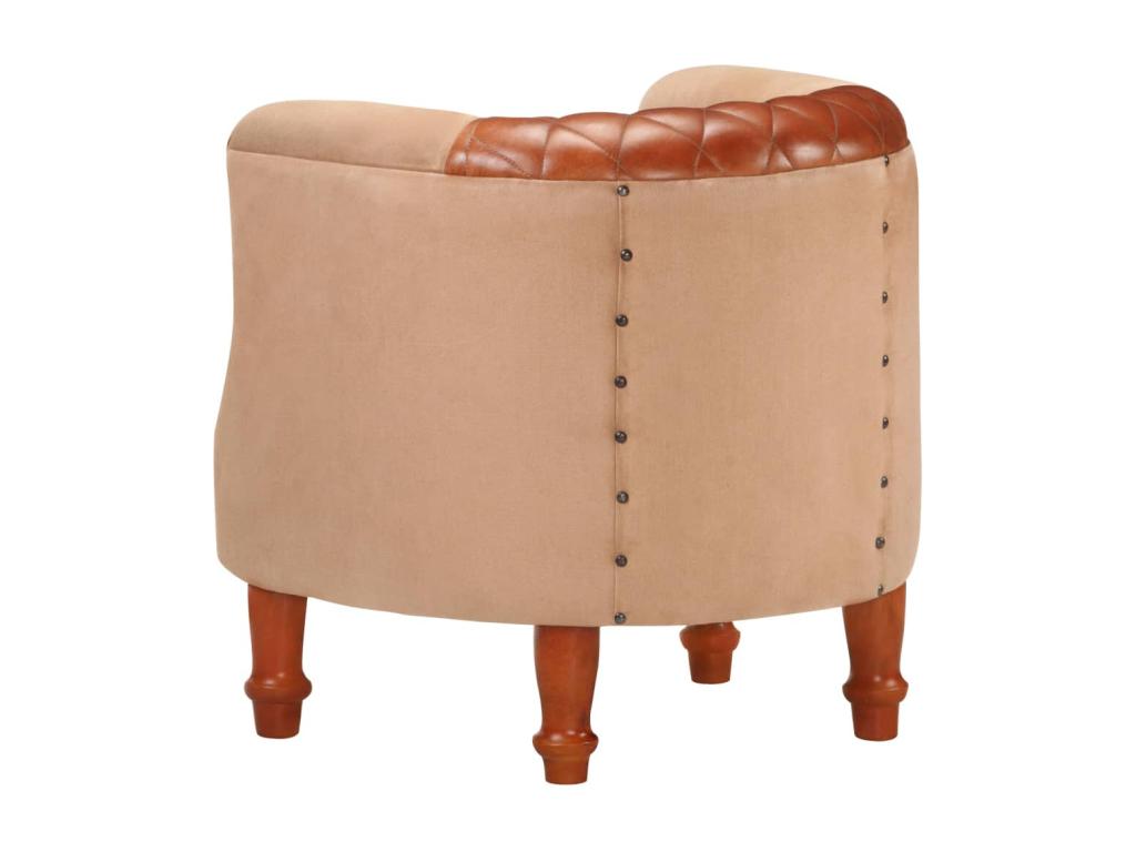 Brown armchair in genuine leather and solid mango wood