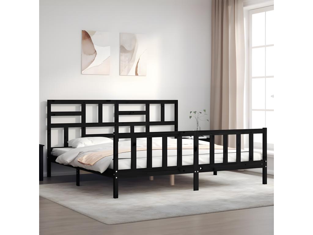 Black bed frame without mattress, 200x200 cm, solid pine wood