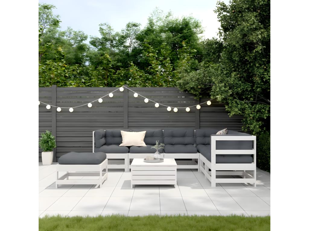 Garden furniture set with cushions, 8 pieces, white, solid pine wood