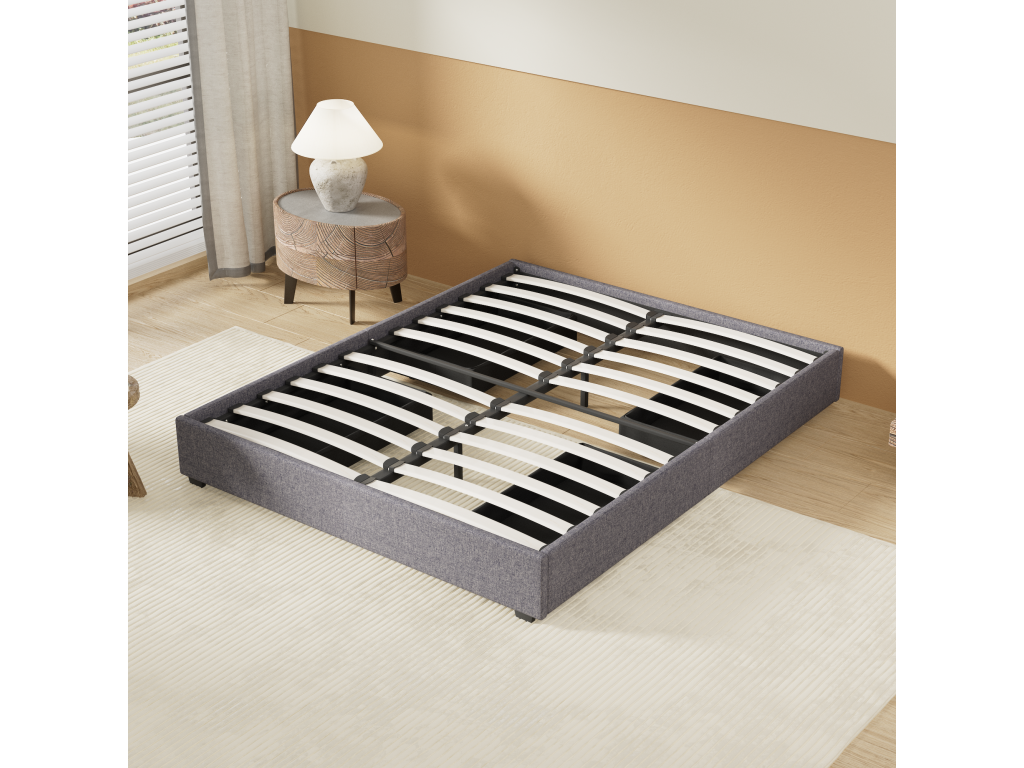 120x190 cm bed with drawers, slatted base, and grey fabric frame, available in Vertchez.