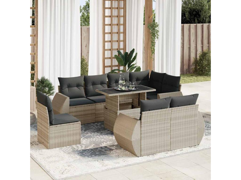 9-piece garden furniture set with light grey cushions, woven resin
