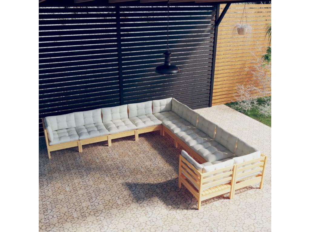 10-piece garden furniture set with cream cushions, pine wood