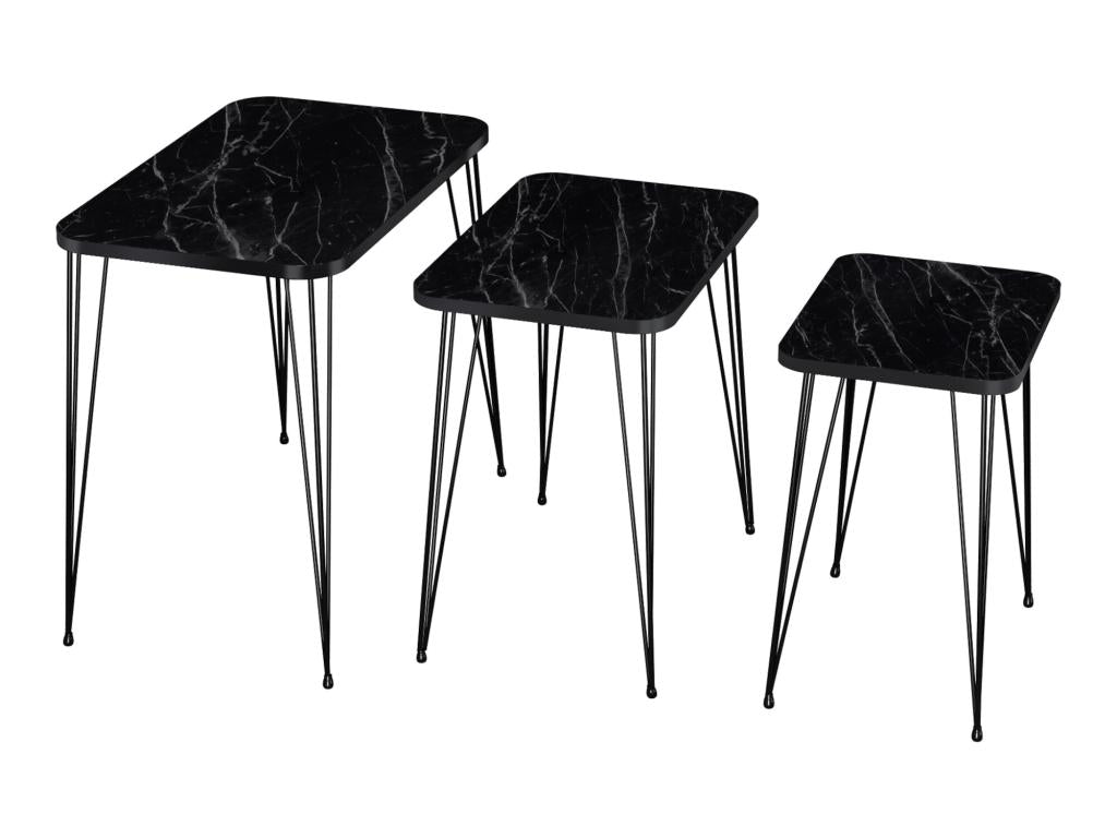 Set of 3 Rudk Vertchez rectangular nesting side tables in black marble.