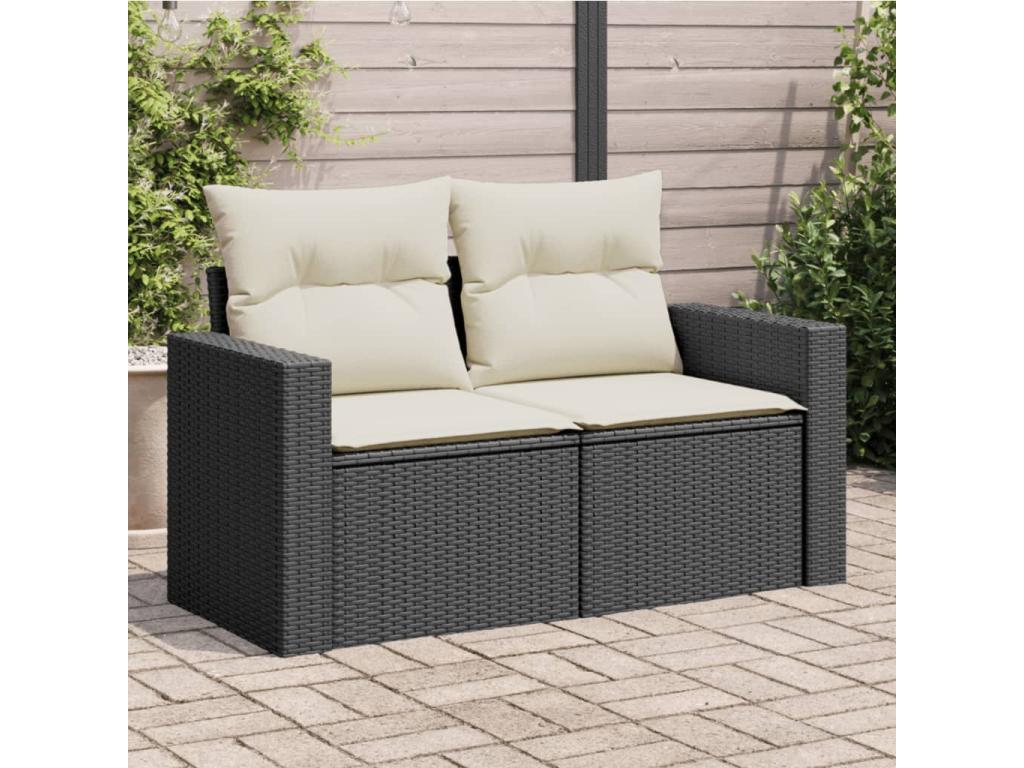 Garden sofa with cushions, 2-seater, black woven resin
