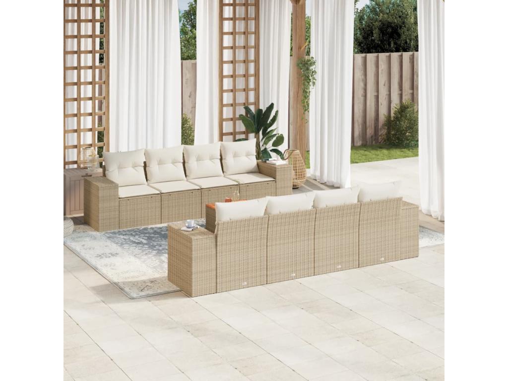 9-piece garden furniture set with cushions, beige woven resin