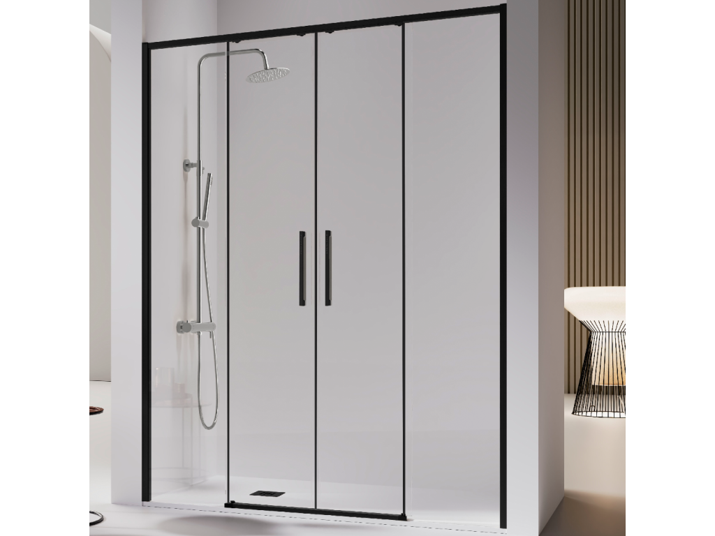 Vertchez shower enclosure with 2 fixed glass panels and 2 sliding doors, matte black, 142-144.6 cm
