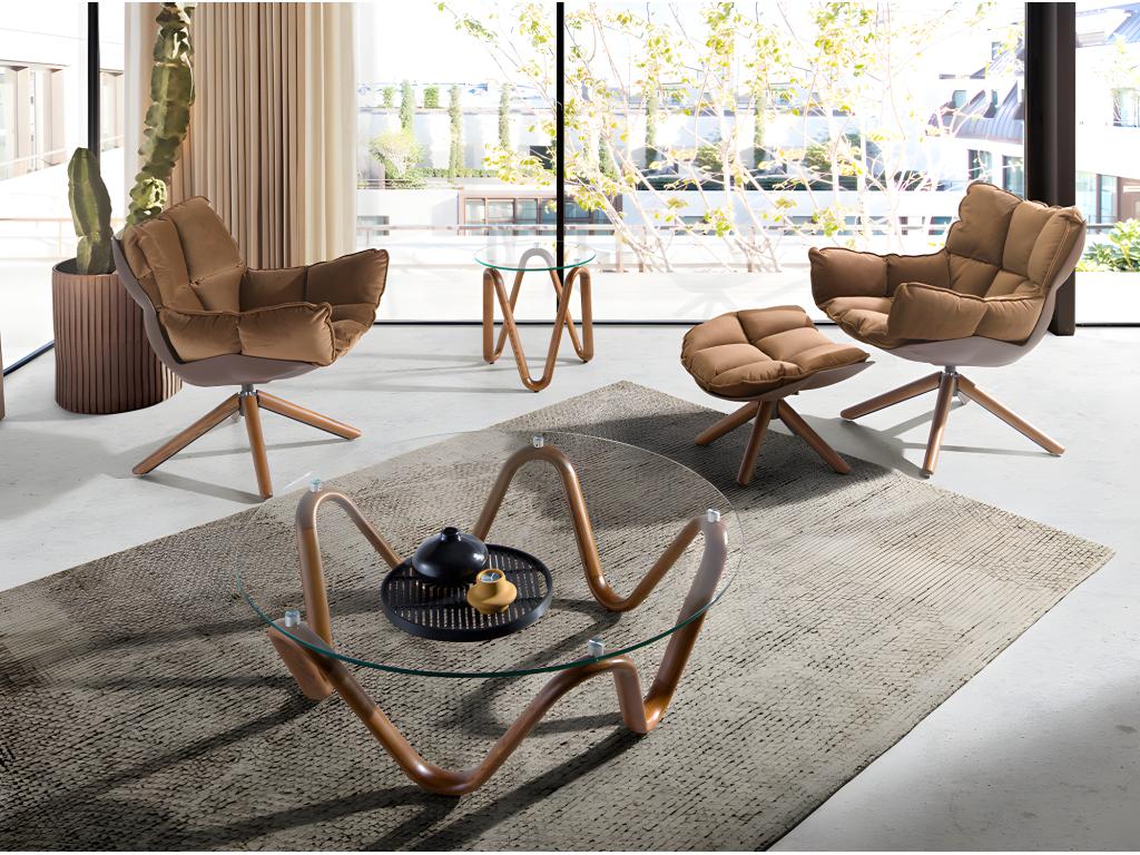 Round coffee table in tempered glass and walnut 2124 Vertchez