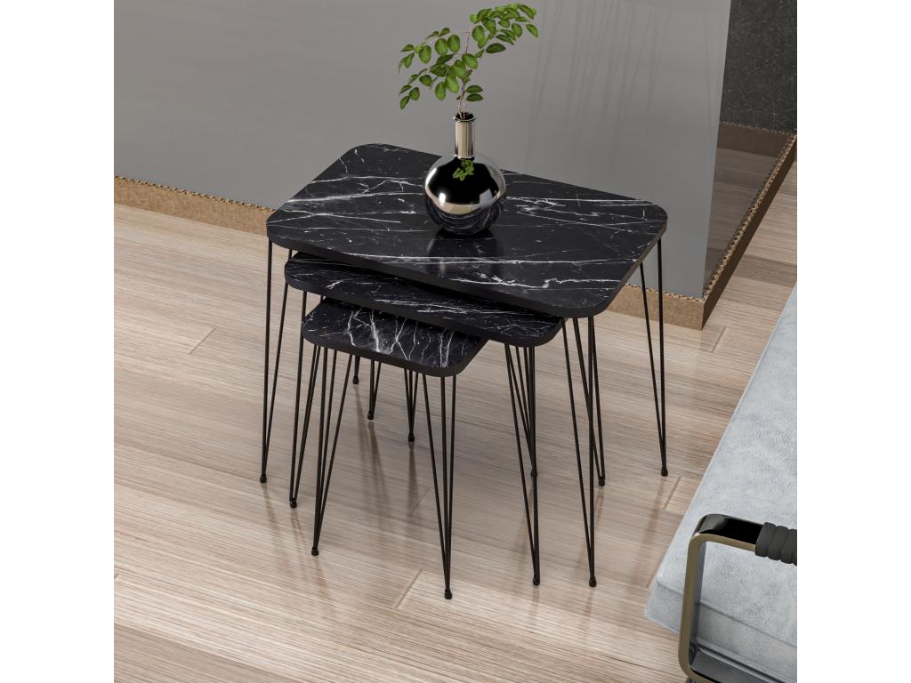 Set of 3 Rudk Vertchez rectangular nesting side tables in black marble.