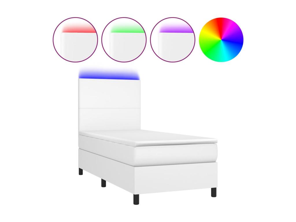 Upholstered bed base and mattress with LED lighting, white, 100x200 cm, faux leather