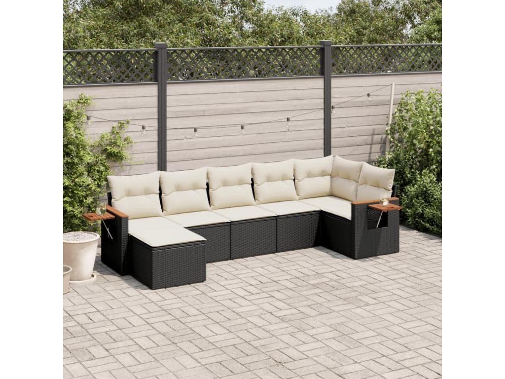 7-piece garden furniture set with cushions, black woven resin