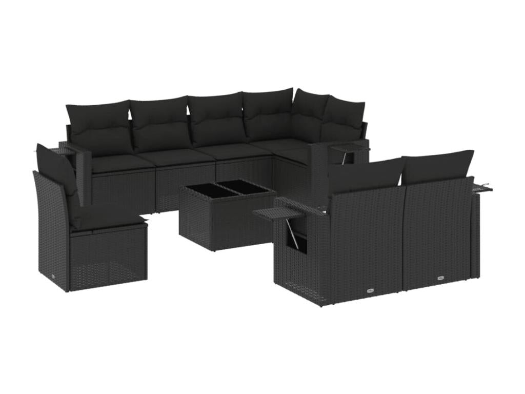 9-piece garden furniture set with cushions, black woven resin