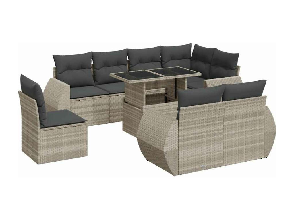 9-piece garden furniture set with light grey cushions, woven resin